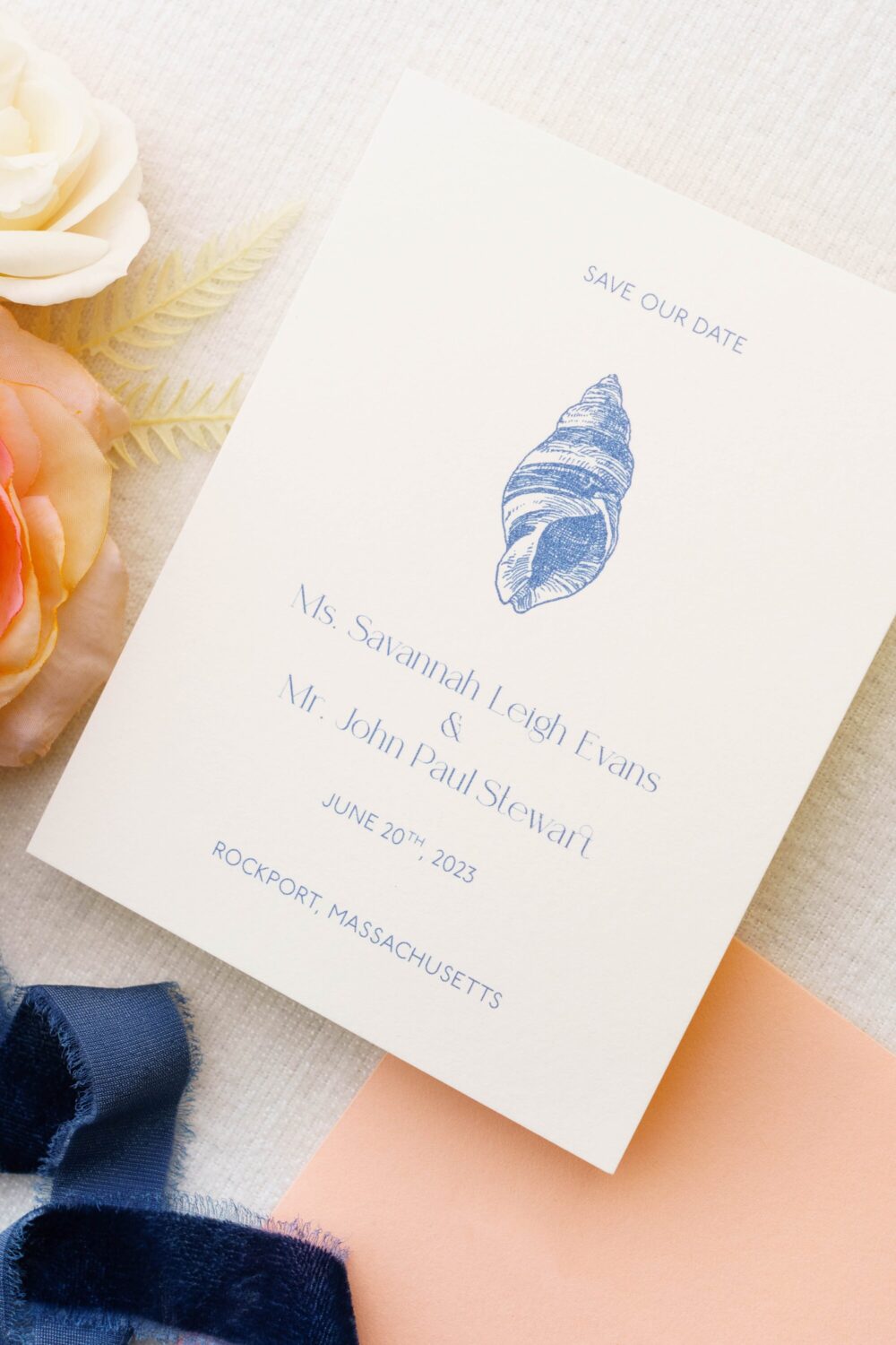 Nautical Wedding Save The Date Card With Blue & White Seashell Illustration | Semi Custom Sample