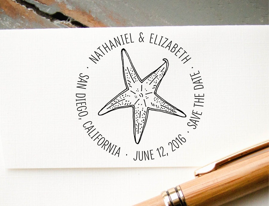 Beach Wedding Save The Date Stamp Starfish Personalized Rubber Stamp