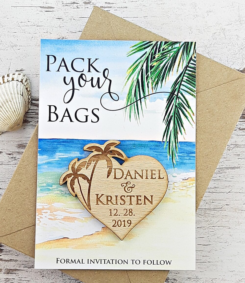 Palm Tree Save The Date Magnet, Wood Wedding Rustic Beach Date, Pack Your Bag Custom Save Date
