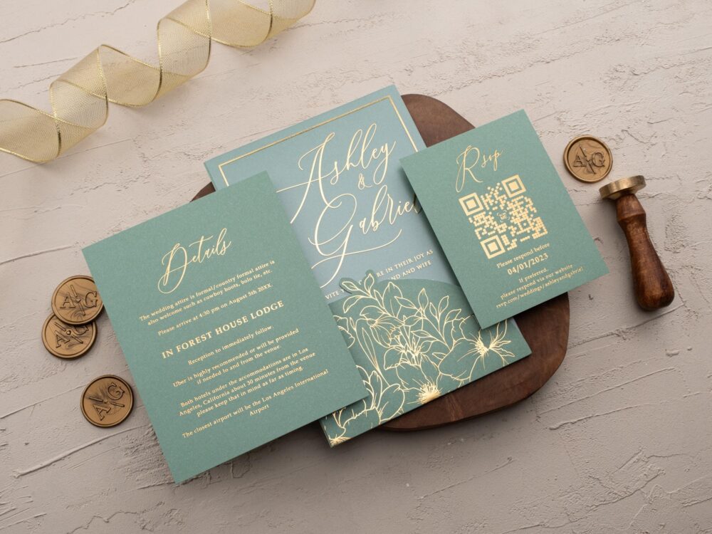 Acrylic Floral Wedding Invitation, Sage Green Invite, & Gold Elegant Invitations