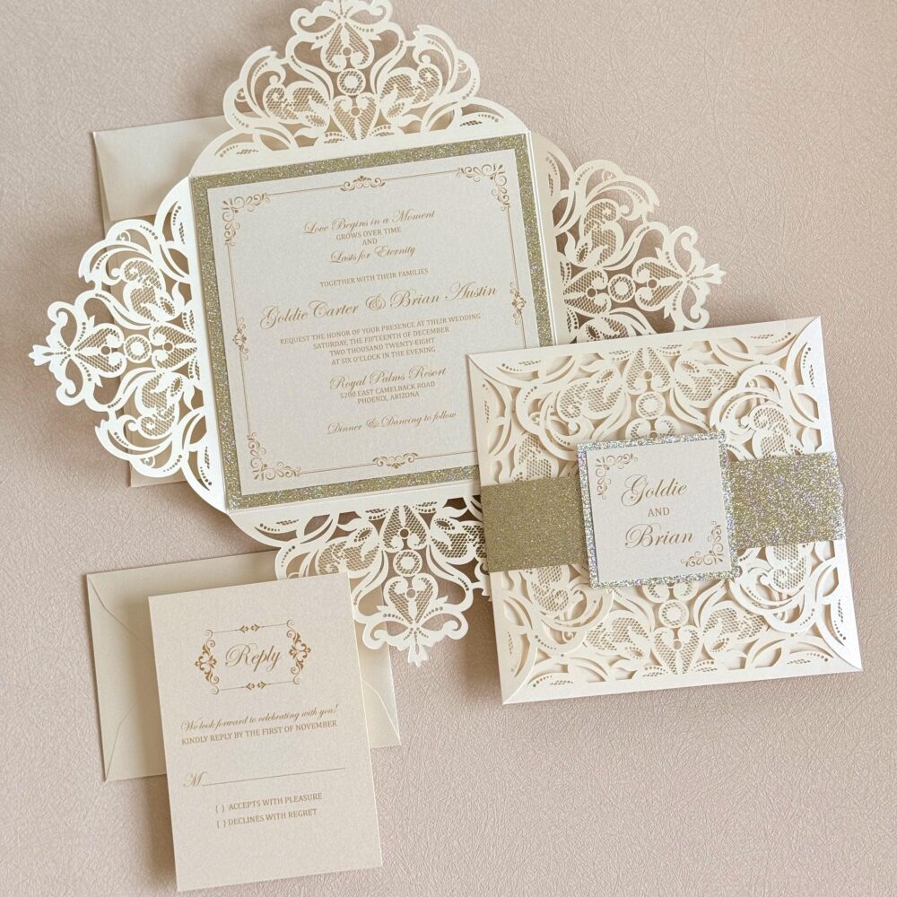 Ivory Lace Wedding Invitation Elegant Invite Gold Glitter For Vintage Glam Theme Custom Stationery Card
