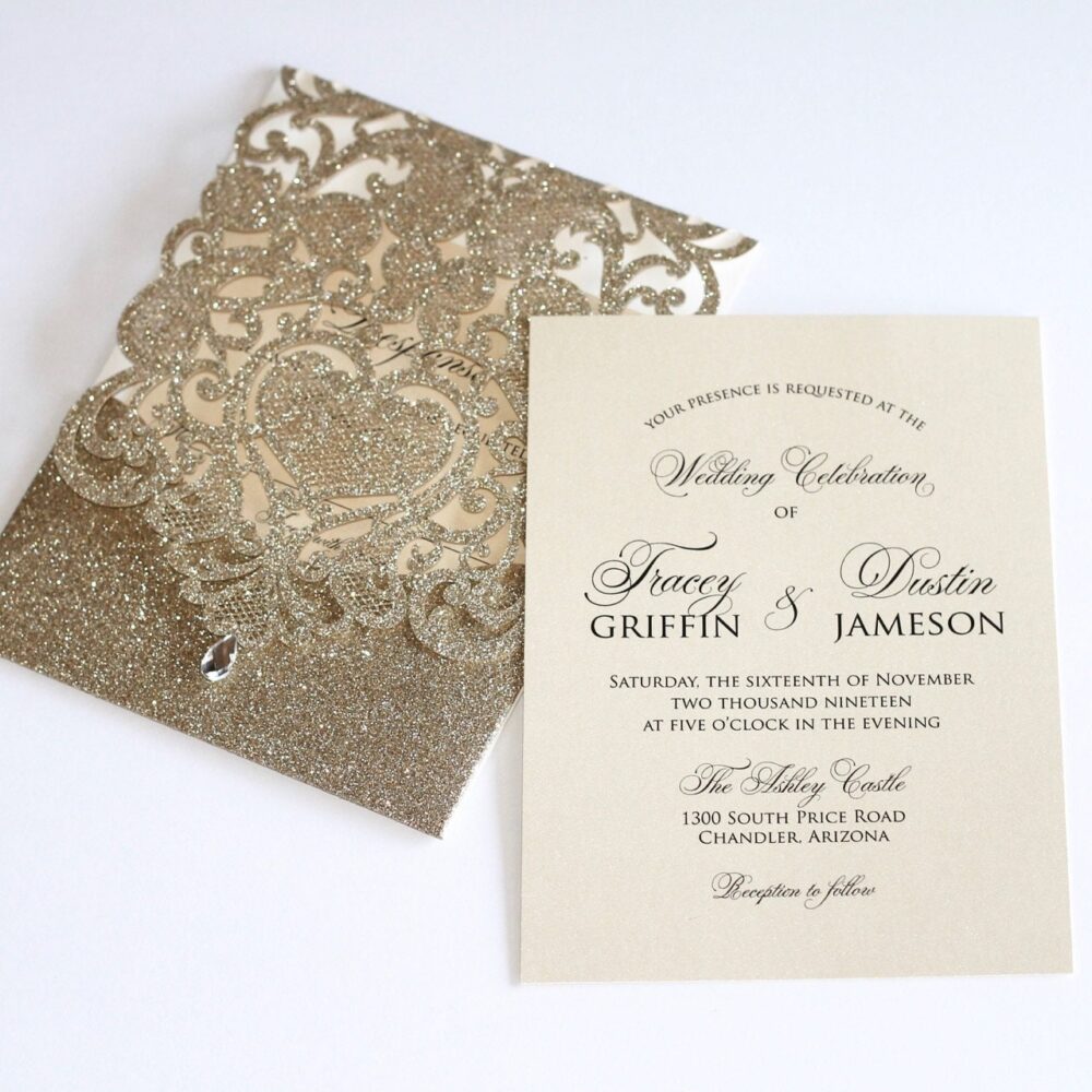 Gold Glitter Wedding Invitation Laser Cut Pocketfolder Lace Elegant Ivory Invite Flourish Tracey Sample