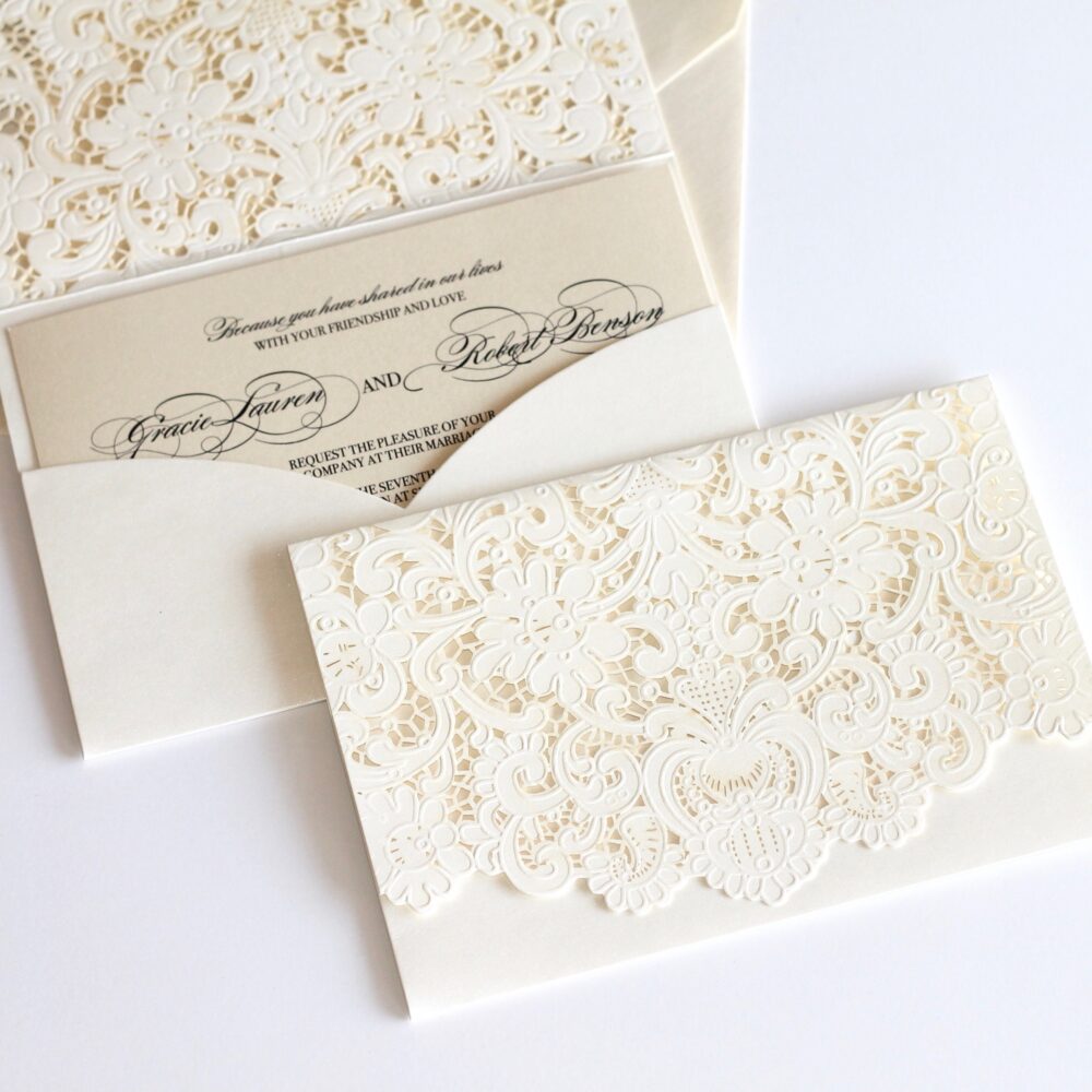 Ivory Lace Wedding Invitation Custom Pocket Invite Vintage Elegant Damask Creme Stationery
