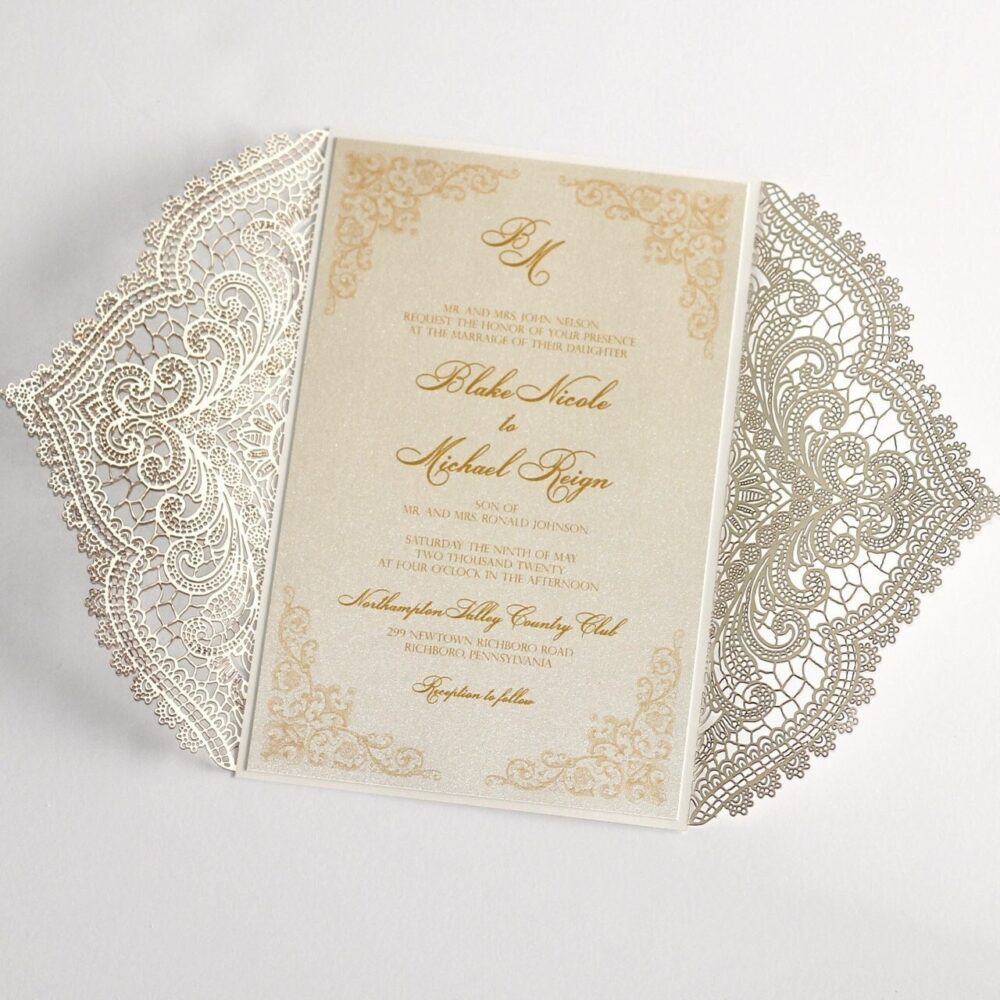 Elegant Lace Wedding Invitation Ivory Laser Cut Vintage Monogram Invite Handmade Gold Glam Theme