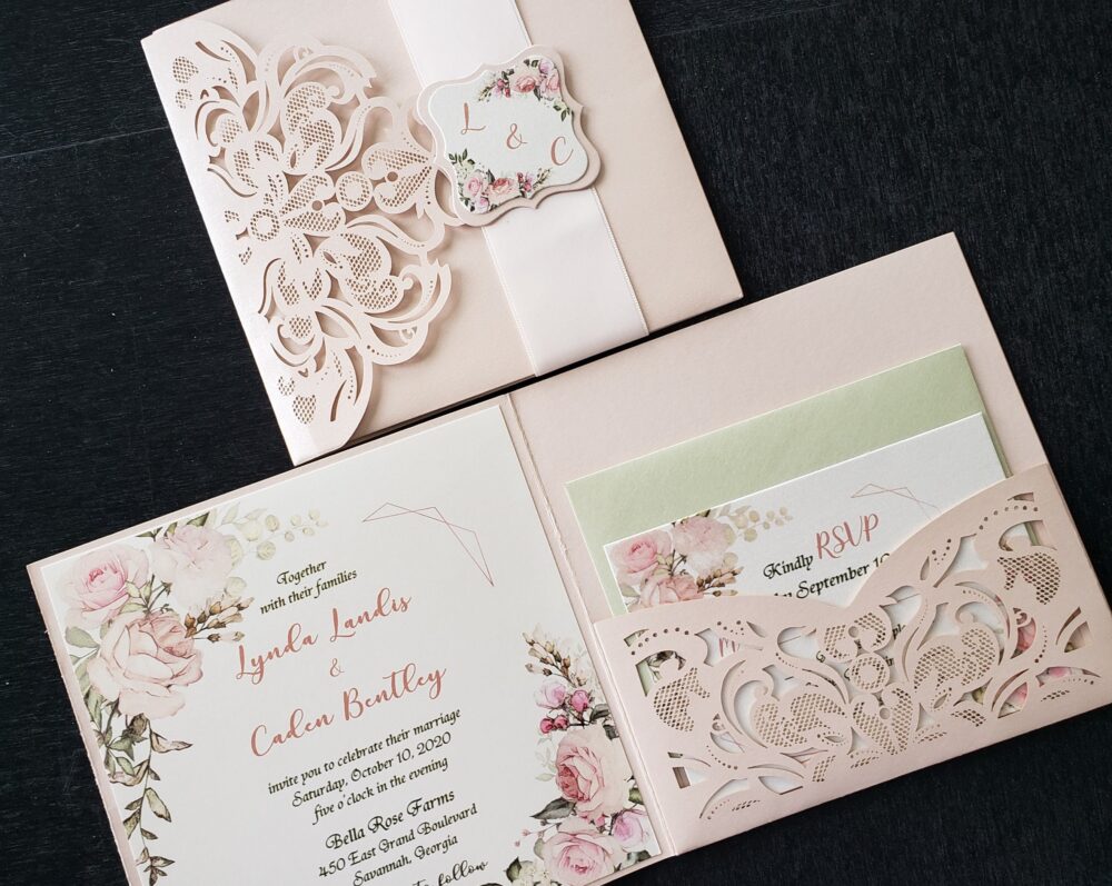 Blush & Sage Lace Wedding Invitation, Floral Ivory & Shabby Chic Invitation