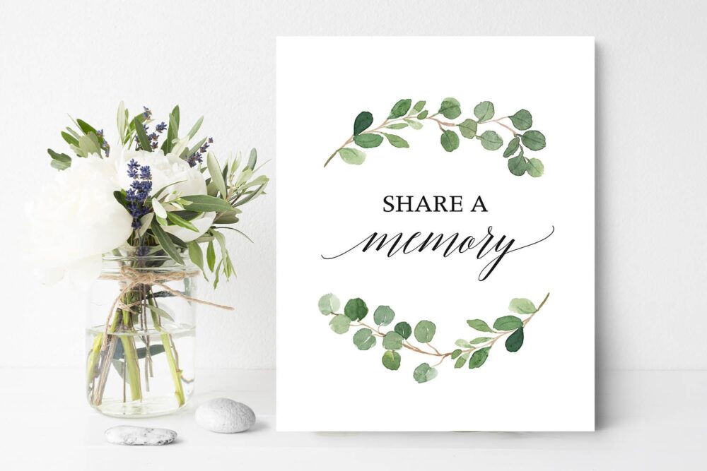 Greenery Share A Memory Sign, Masculine Funeral Favorite Celebration Of Life Table Decor For Funeral, 8 X 10 Printed Or Digital