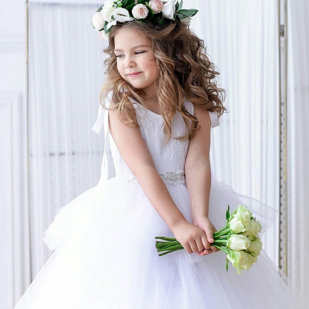 Lace Flower Girl Dress, Tulle Wedding Outfit, White Ball Gown, 1st Communion Dress