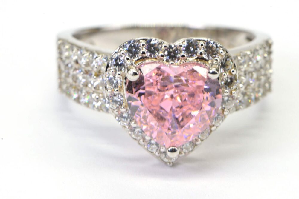 Sakura Pink Heart Ring Sterling Silver Halo Ring, Cz Diamond Cut
