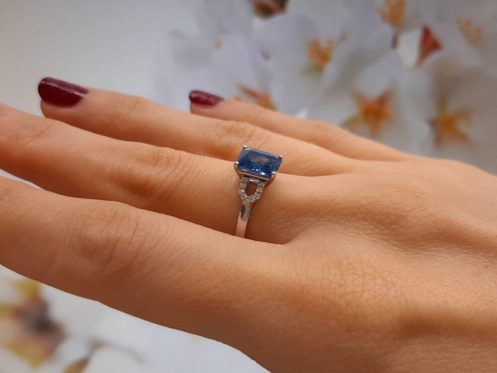 Emerald Cut 6x8 Blue Topaz Engagement Ring, Silver Simulated Diamond Anniversary Gift