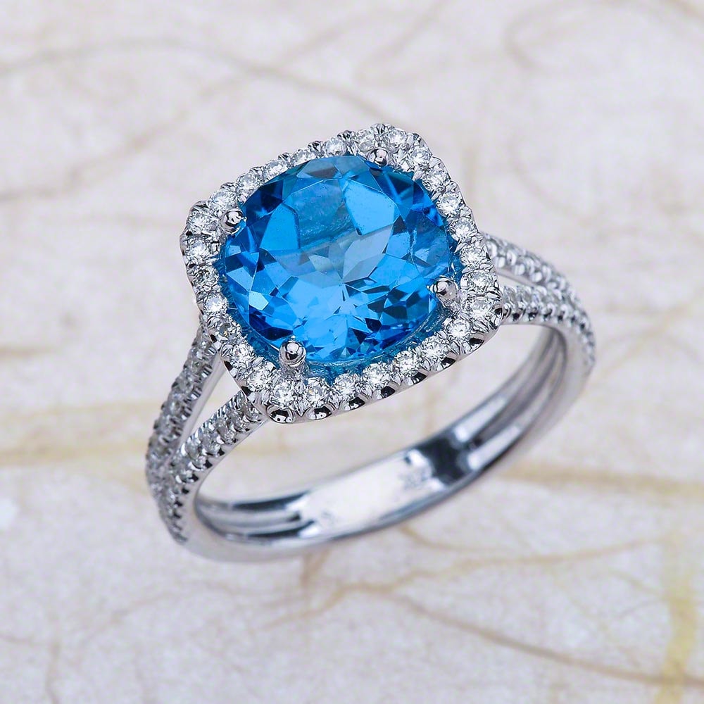Blue Topaz Engagement Ring White Gold, Round Halo Ring, Gold