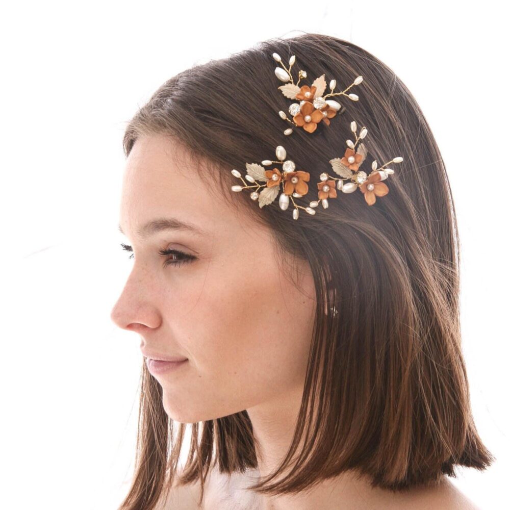 Gold Flower Wedding Hair Pins Pearl & Rhinestone Bridal Bobby Pins | Set Of Three