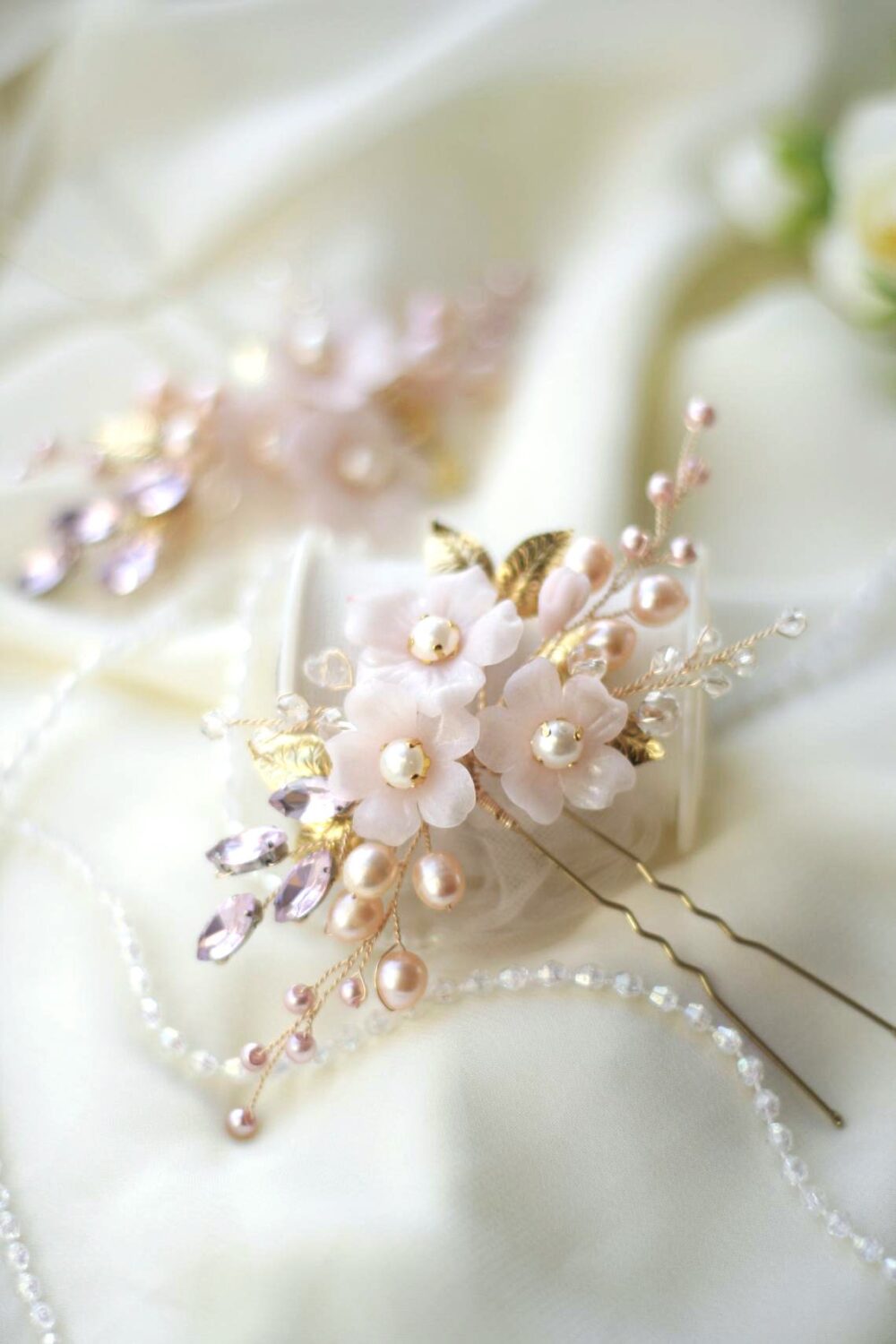 Blush Flower Wedding Hair Pins Pearl & Crystal Rose Gold Hairpiece