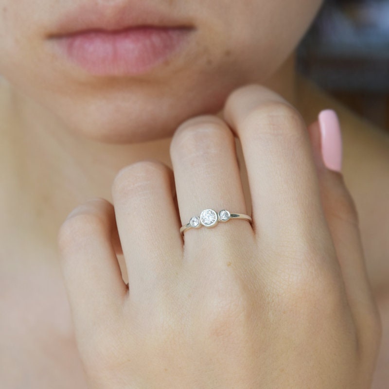 Unique Bezel Cut 3 Stone Womens Promise Ring, Sterling Silver Simple Ring For Her, Small & Dainty Elegant
