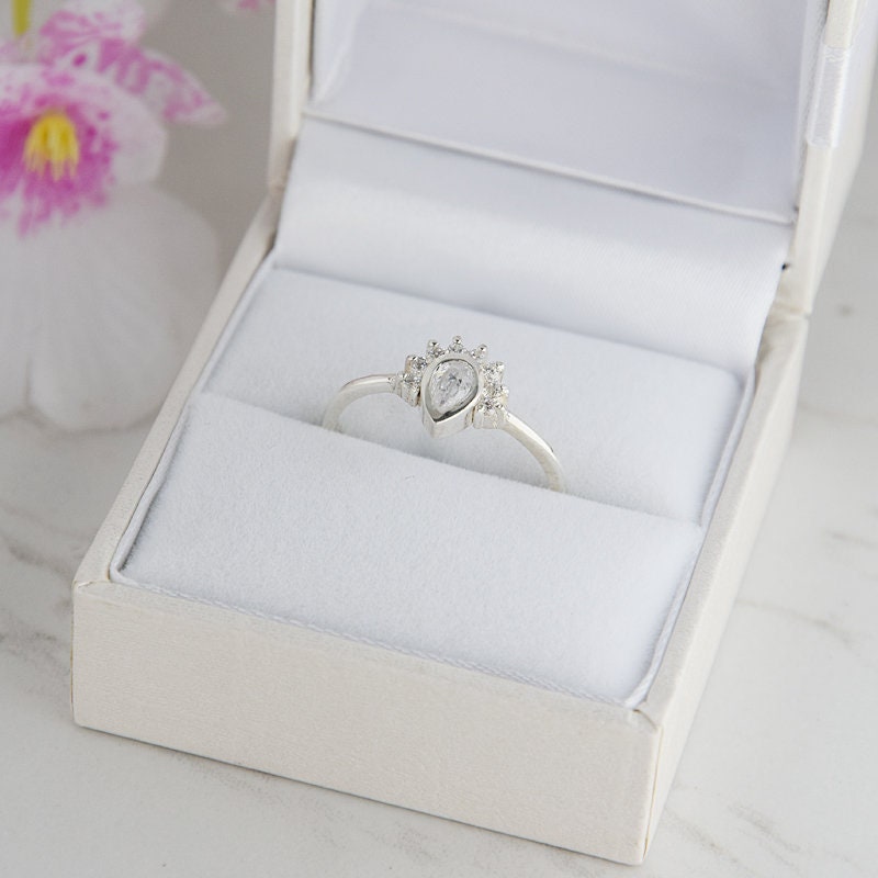Unique Art Deco Promise Ring For Her, Silver Womens Ring, Bezel Cut Pear Engagement Small & Dainty