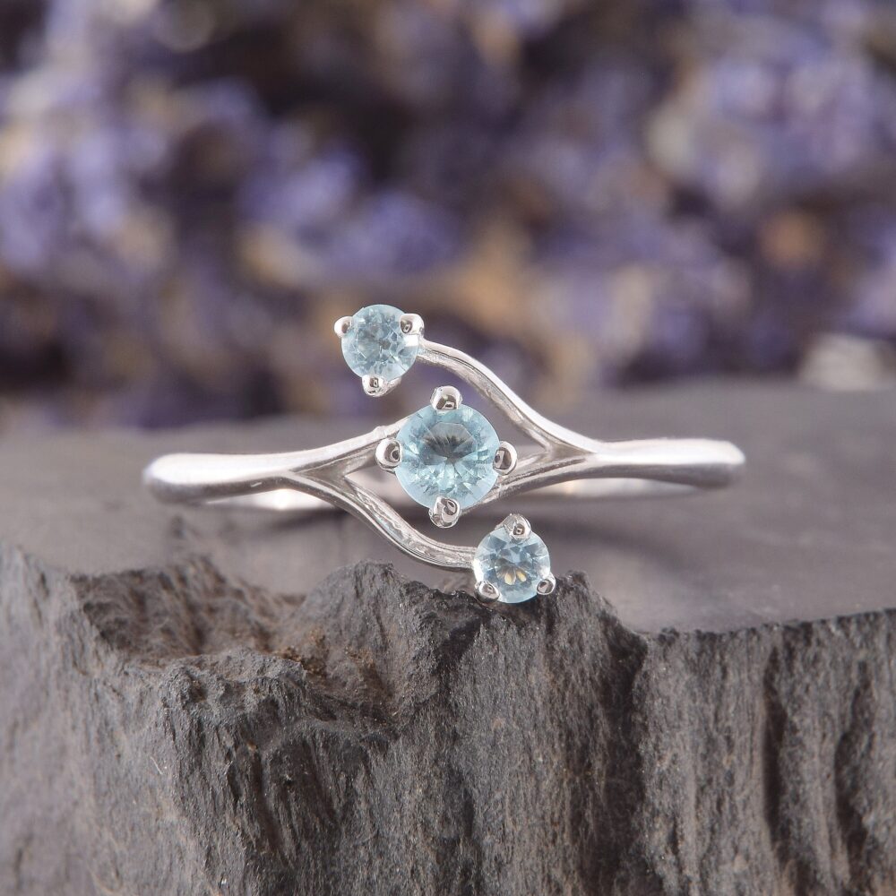 Three Stone Womens Promise Ring, Topaz Silver Minimalist Ring For Her, Dainty Ring, Blue