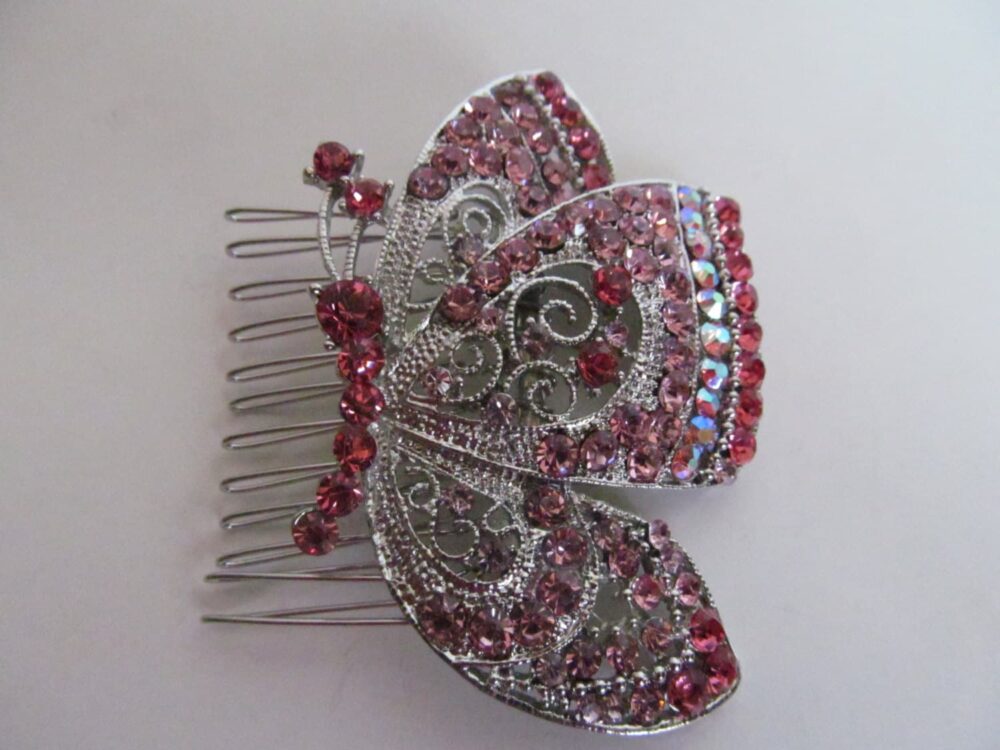 Butterfly Wedding Hair Clip Pink Rhinestone Bridal Headpiece