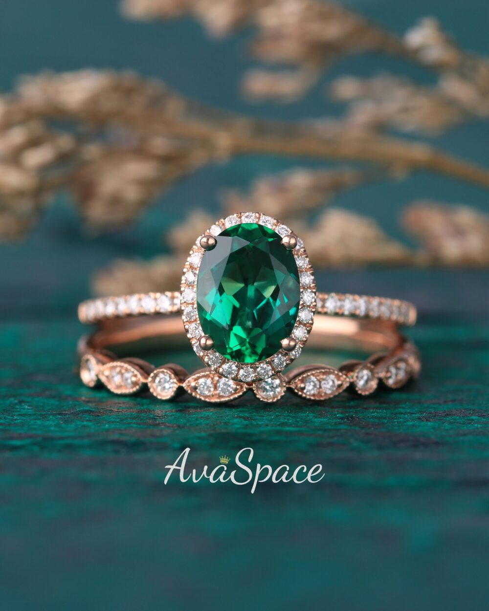 Oval Emerald Engagement Ring Set 14K Rose Gold Lab Grown Unique Bridal Diamond Wedding Band Rings For Women Promise
