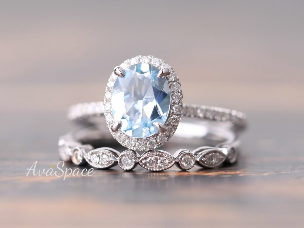 Oval Aaa Aquamarine Engagement Ring 14K White Gold Set, Art Deco Diamond Wedding Band For Women Unique Bridal Set
