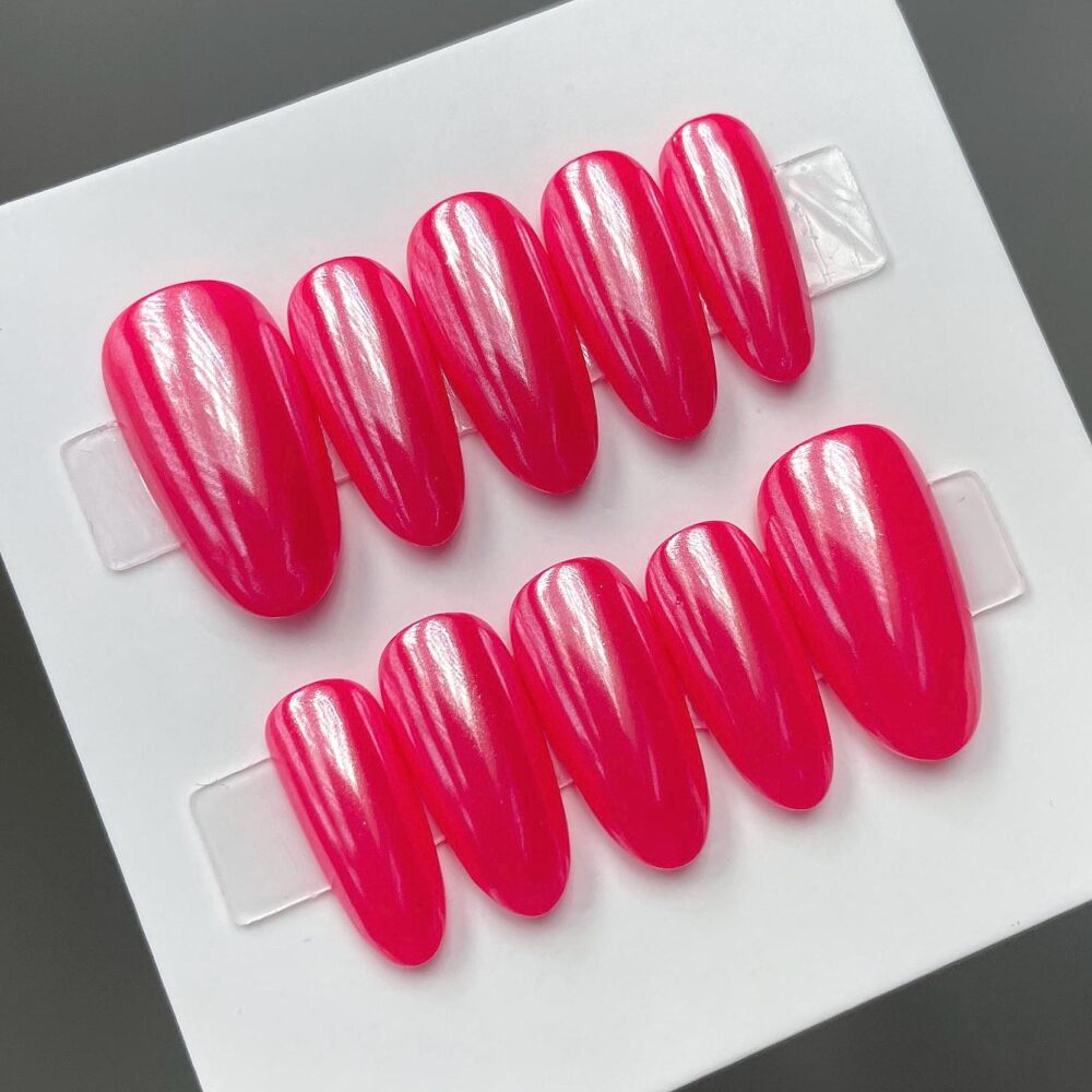 Custom Press On Nails Cherry Red Glaze On Nails, Strawberry Pearl Chrome Y2K Gel Nail Set