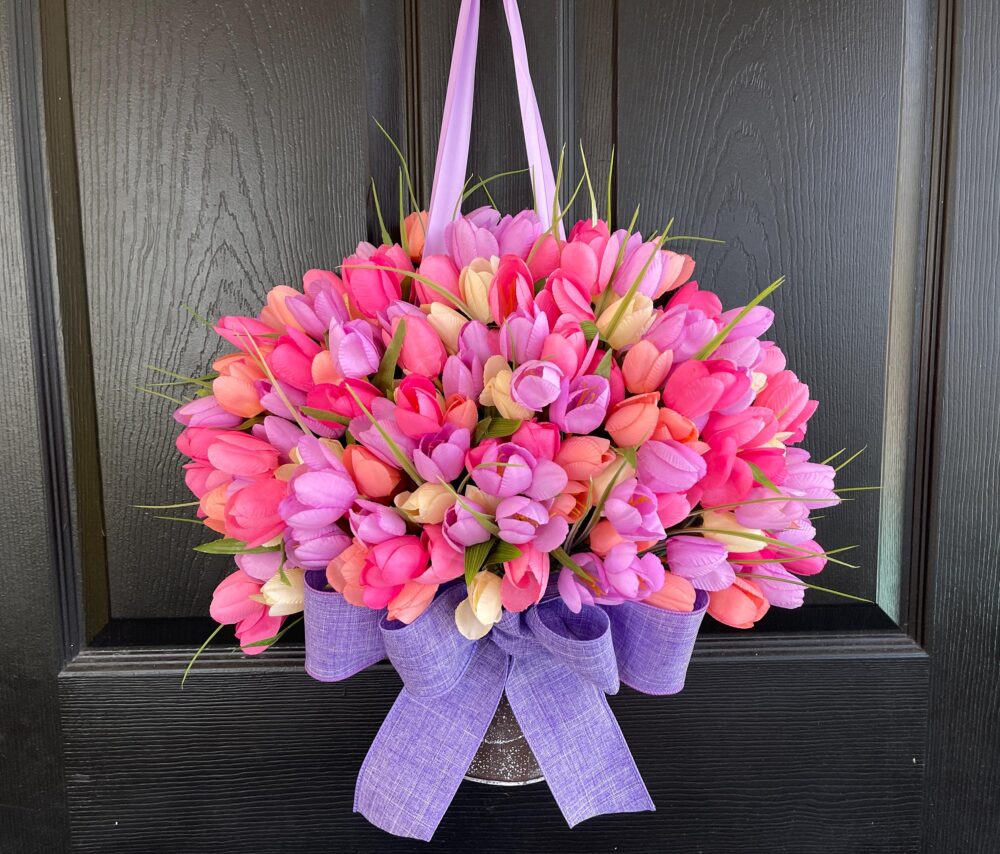 Tulip Door Hanger Spring Lavender Basket Wreath, Mother's Day Gift