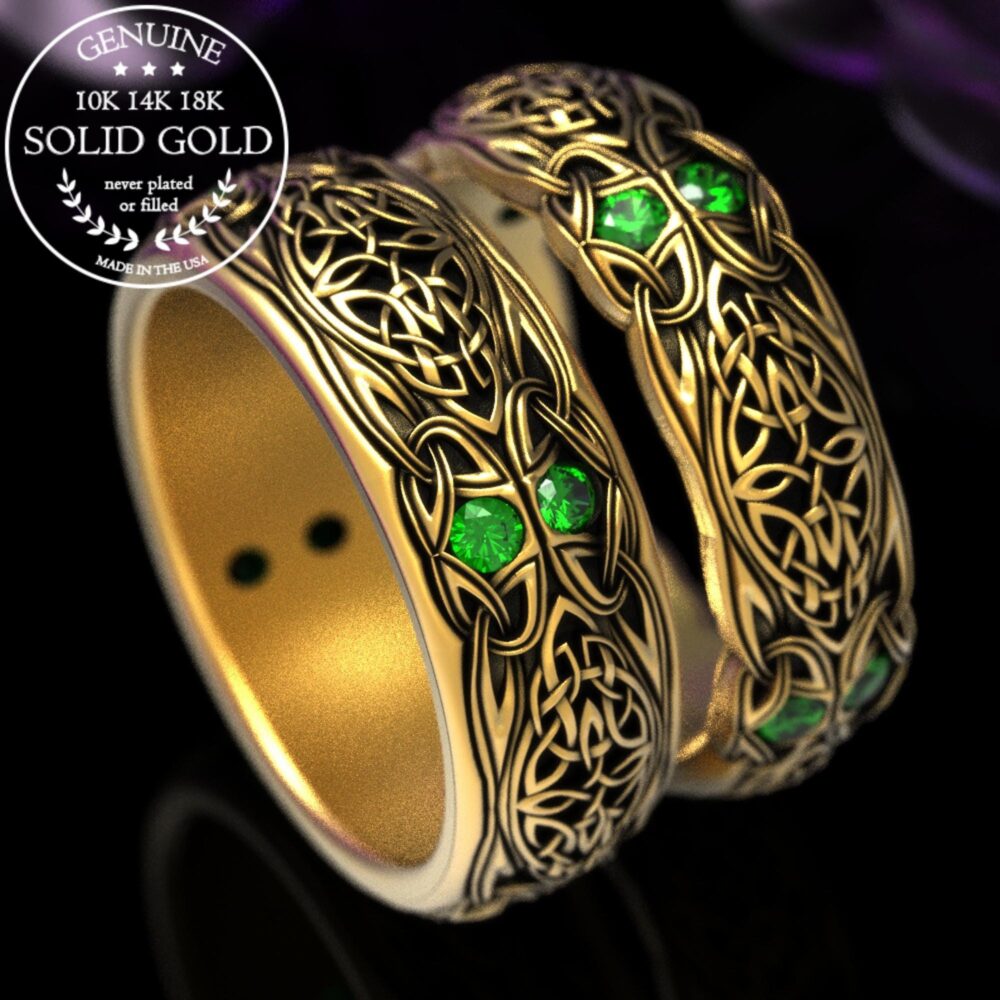 Emerald Celtic Ring Set, Gold Matching Irish Wedding Bands, Rings, His Hers Platinum Emeralds, 1468 1804