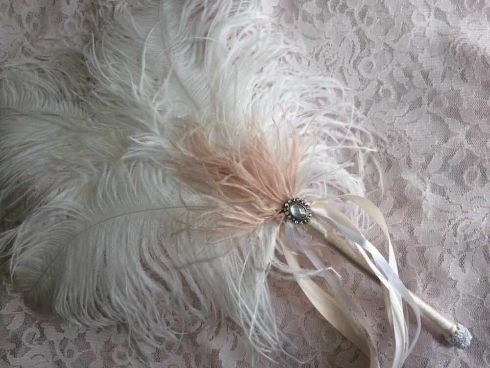 Discount Budget Marie Antoinette Blush & White Bridal Wedding Ostrich Feather Fan With Ribbons Cameo