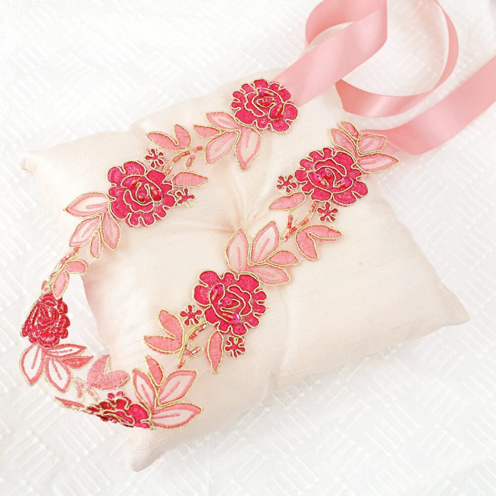 Fuchsia & Pink Embroidery Flower Lace Wedding Sash, Headband