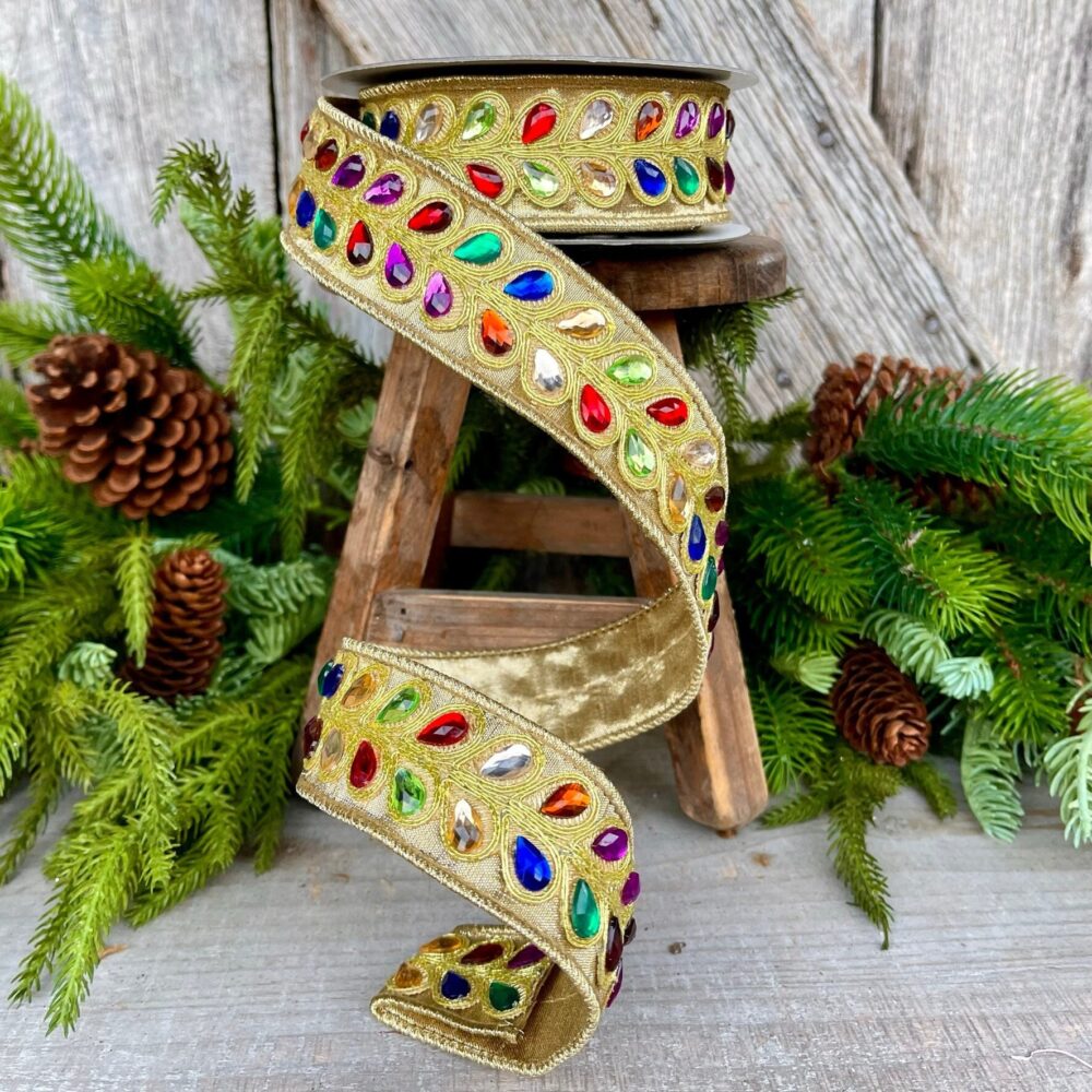 1.25" Gold Jeweled Ribbon, Farrisilk Ribbon, Multi Colored Ribbon, Christmas Ribbon, Pear Shaped Rg712-32