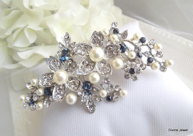 Blue Rhinestone Wedding Hair Comb, Silver Bridal Headpiece With Pearls, Vintage Style Flower, Rachel