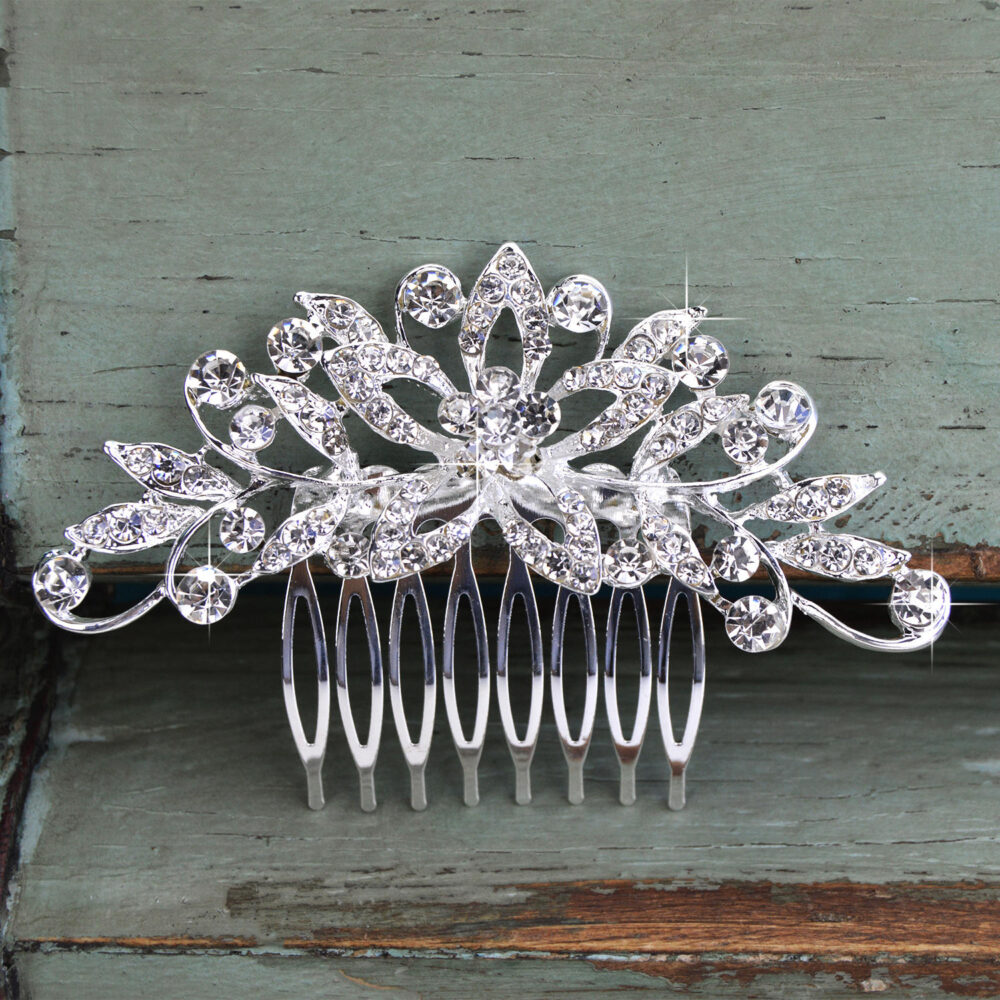 Clearance Crystal Wedding Hair Comb, Floral Bridal Silver Headpiece, Vintage Side Co-014