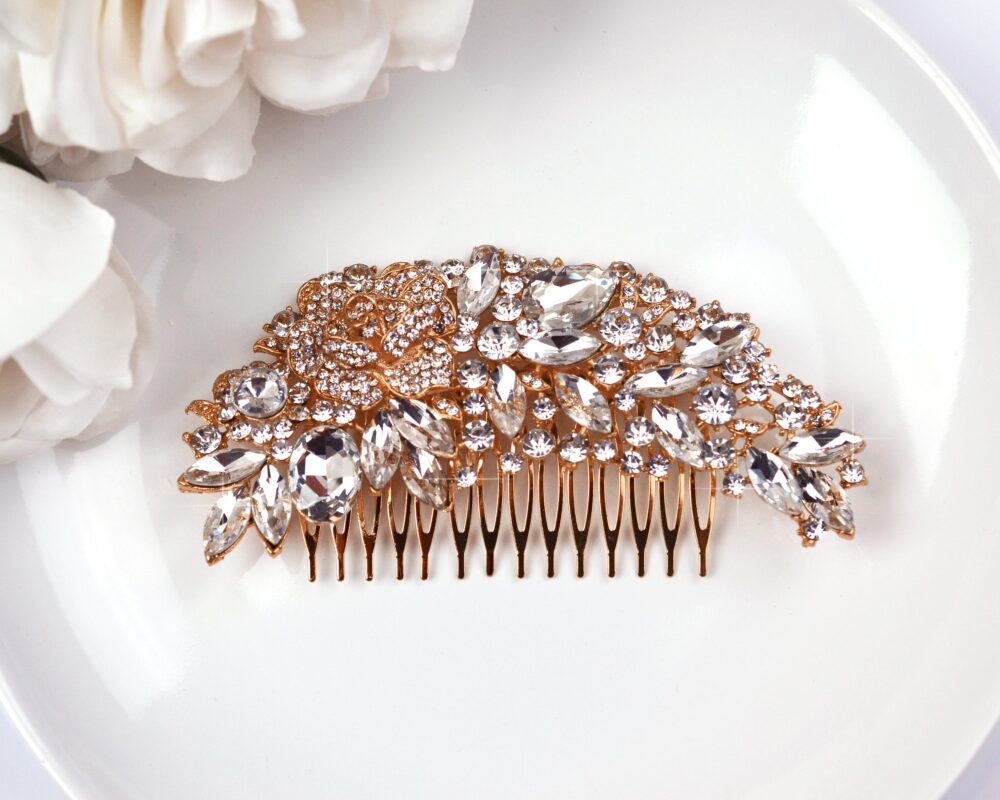 Clearance Rose Gold Large Luxurious Bridal Side Comb, Rhinestone Wedding Hair Vintage Comb Co-063