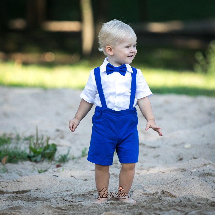 Royal Blue Linen Baby Boy Suit, Wedding Outfit, Ring Bearer Set