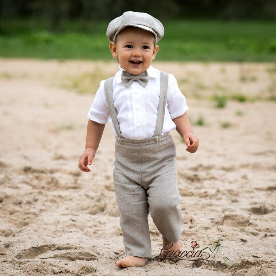 Baby Boy Wedding Suit Ring Bearer Newsboy Outfit Linen Pants Suspenders Newsboy Hat Boy Natural Color