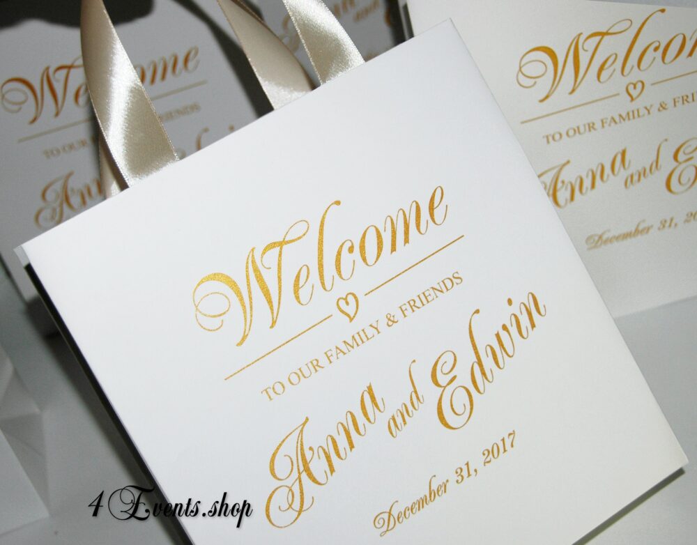 35 Wedding Welcome Bags With Champagne Satin Ribbon Handles & Gold Names - Elegant Personalized Wedding Gifts Favors For Guests