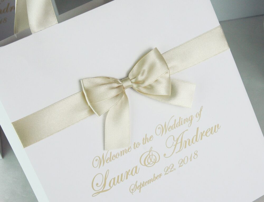 25 Champagne Wedding Welcome Bags With Satin Ribbon Bow & Your Names. Elegant Personalized Wedding Gifts Favors For Guests