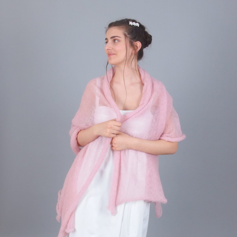 Long Pink Mohair Wedding Shawl, Fuzzy Wool Bridal Scarf, Fall Winter Bridesmaid Wide White Bride Stole, Wedding Dress Topper Cover Up