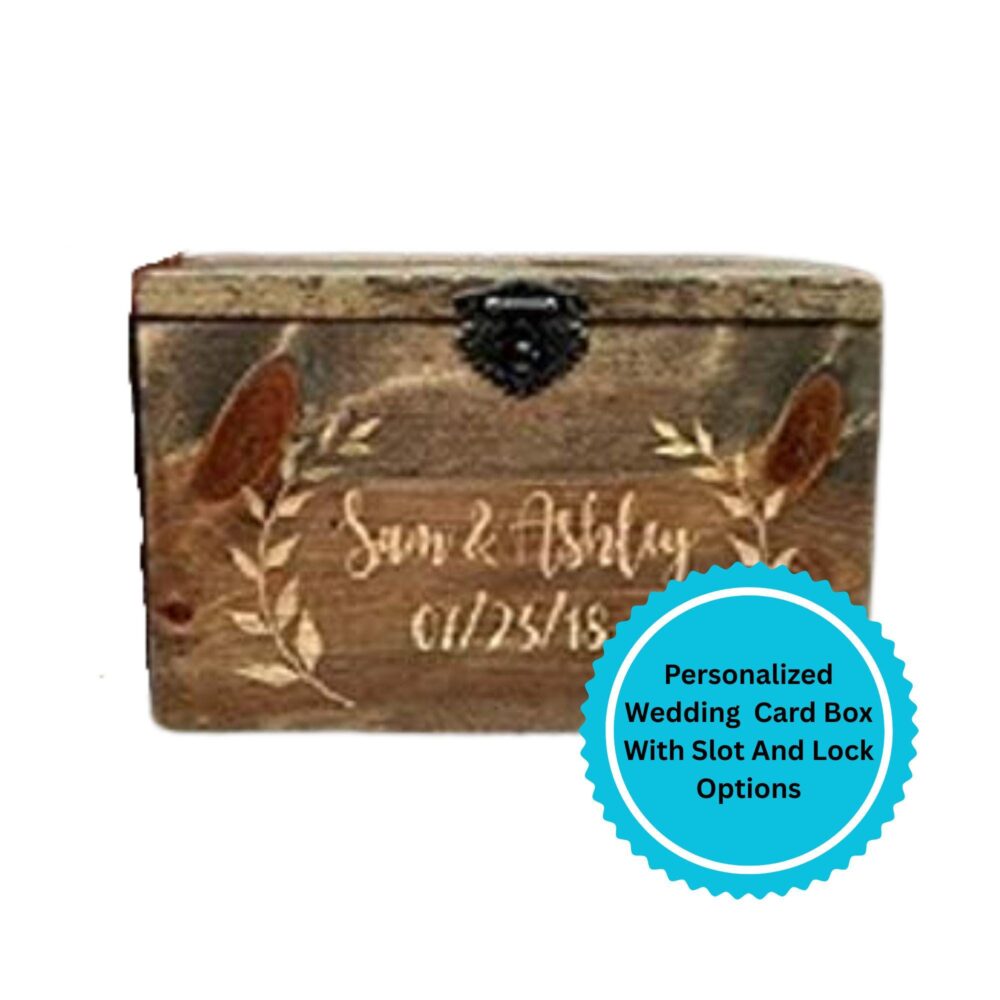 Wedding Card Box - Engraved Wood Personalized Front Holds Cards With Slit & Lock Option- Rustic