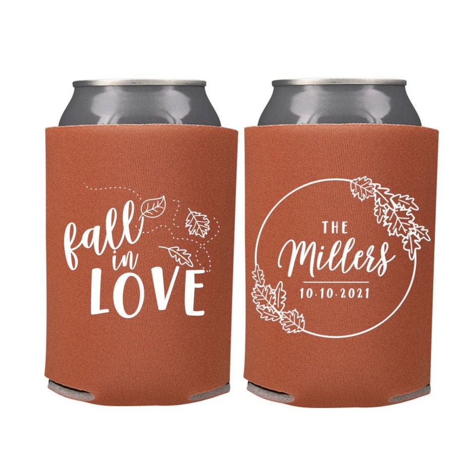 Fall in Love Wedding Favors | Personalized Autumn Rustic Can Coolers For & Reception