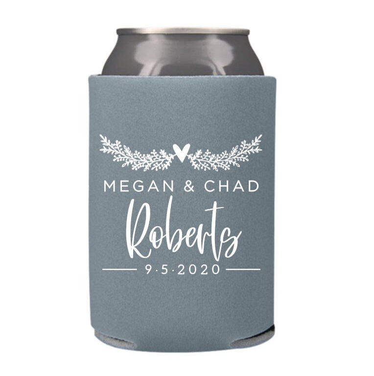 Spring Wedding Favors | Custom Can Coolers Reception Bar For Guests Floral Greenery Swag Monogram Modern