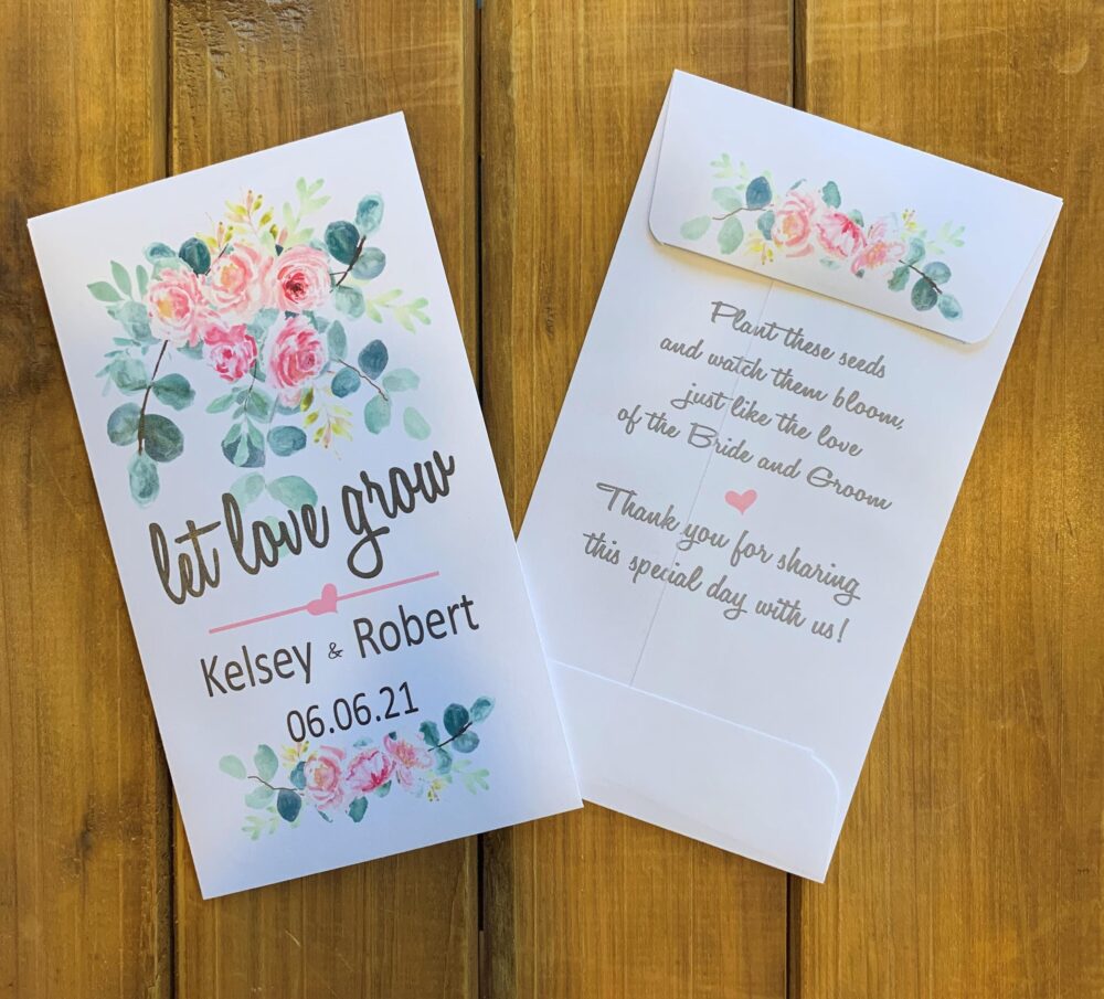 Wedding Favor Seed Packet, Wedding Favor, Let Love Grow, Pink Flowers With Eucalyptus, Or Without Seeds | Set Of 15, Sp20024
