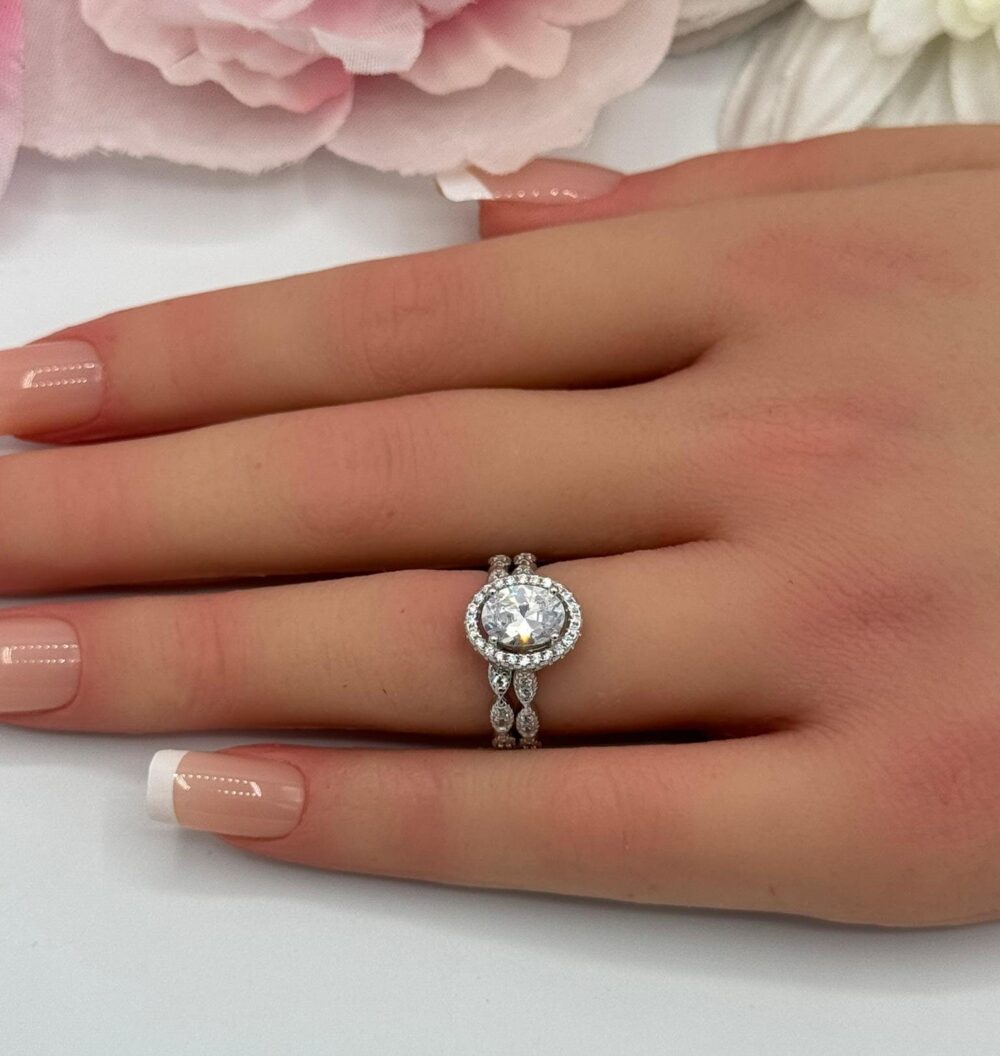 Art Deco Marquise Cz Oval Engagement Ring Set, Sterling Silver