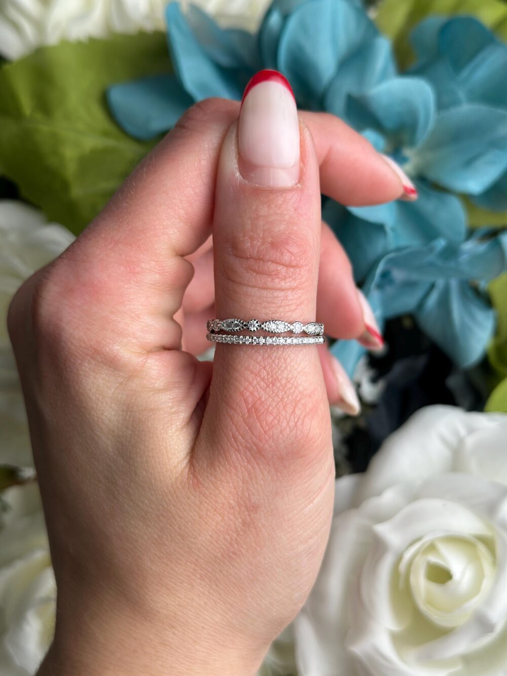 Art Deco Sterling Silver Cz Wedding Band Set Marquise & Round Stacking Rings