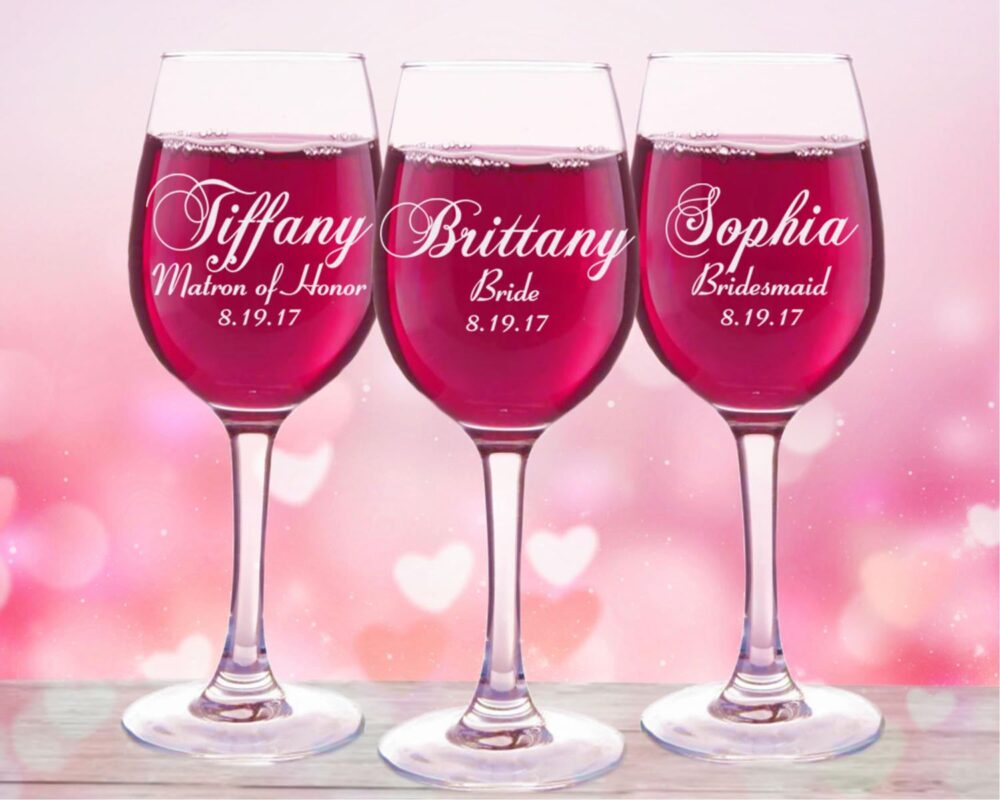 9 Bridesmaids, Wedding Personalized Wine Glasses, Bridal Party Gift, Engraved Bridesmaid Shower Favor, 11Oz Custom Glass