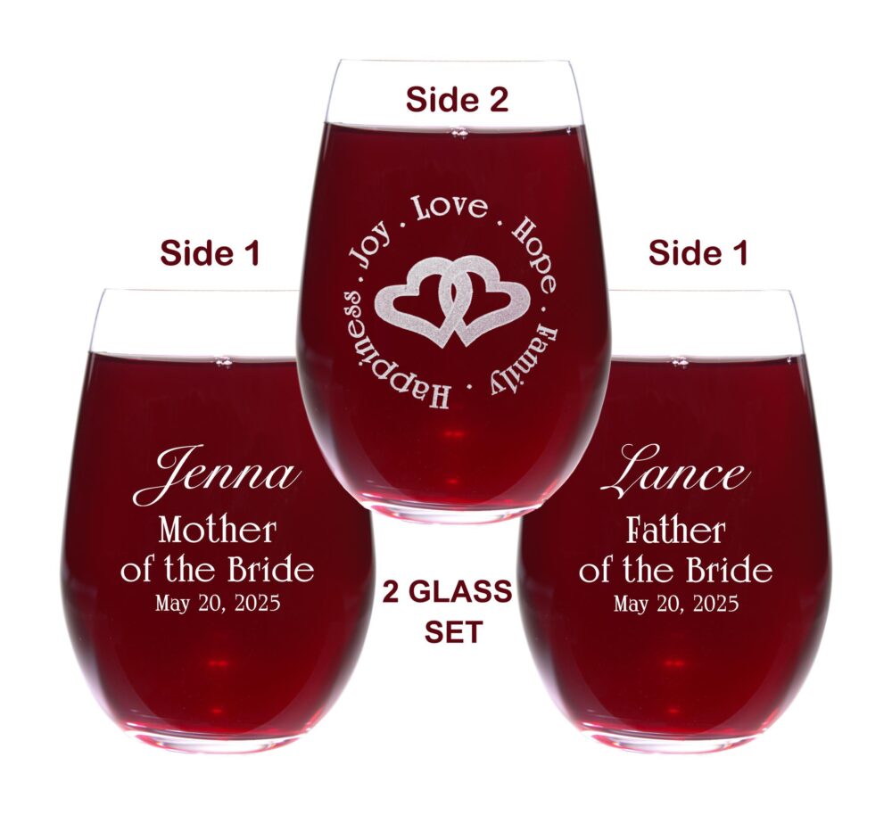 Personalized Wedding Wine Glass Set Engraved Double Hearts Gift