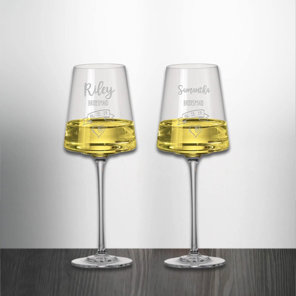 Set Of 2 Bridesmaid Wedding Wine Glasses Custom Engraved & Personalized