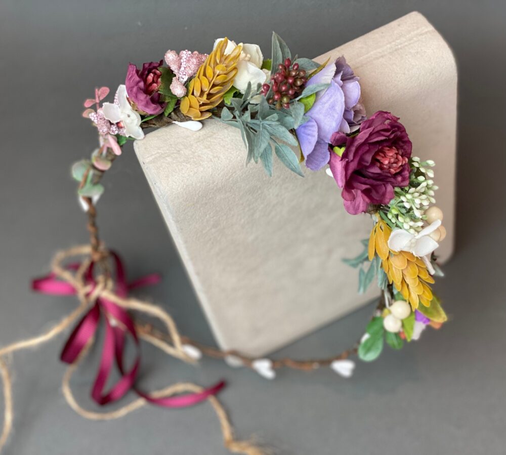 Burgundy Floral Wedding Crown, Flower Girl Headband