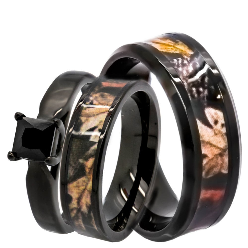 His & Hers Camo Wedding Ring Set 1.25 Ct Natural Black Spinel Engagement Stainless Steel Rings Set