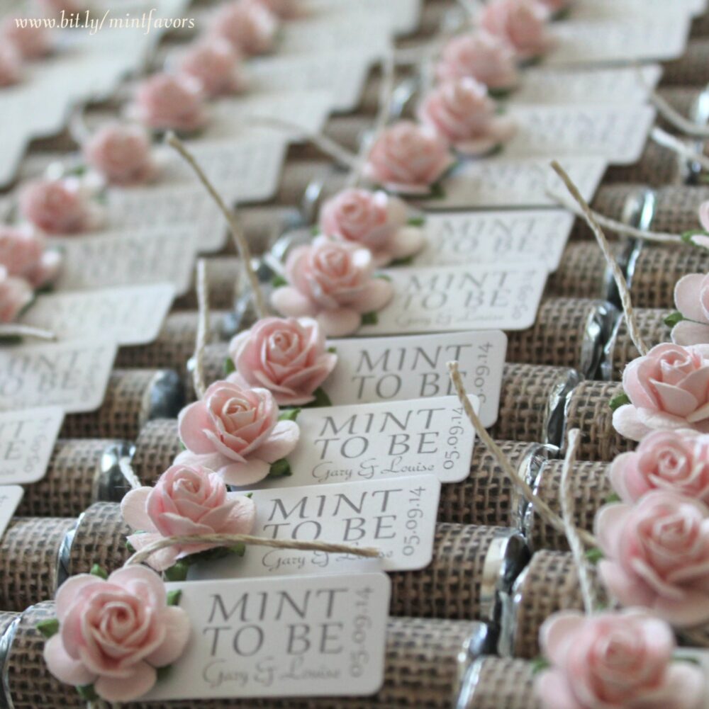 Personalized Mint Wedding Favors Burlap & Rose "Mint To Be" - Set Of 24