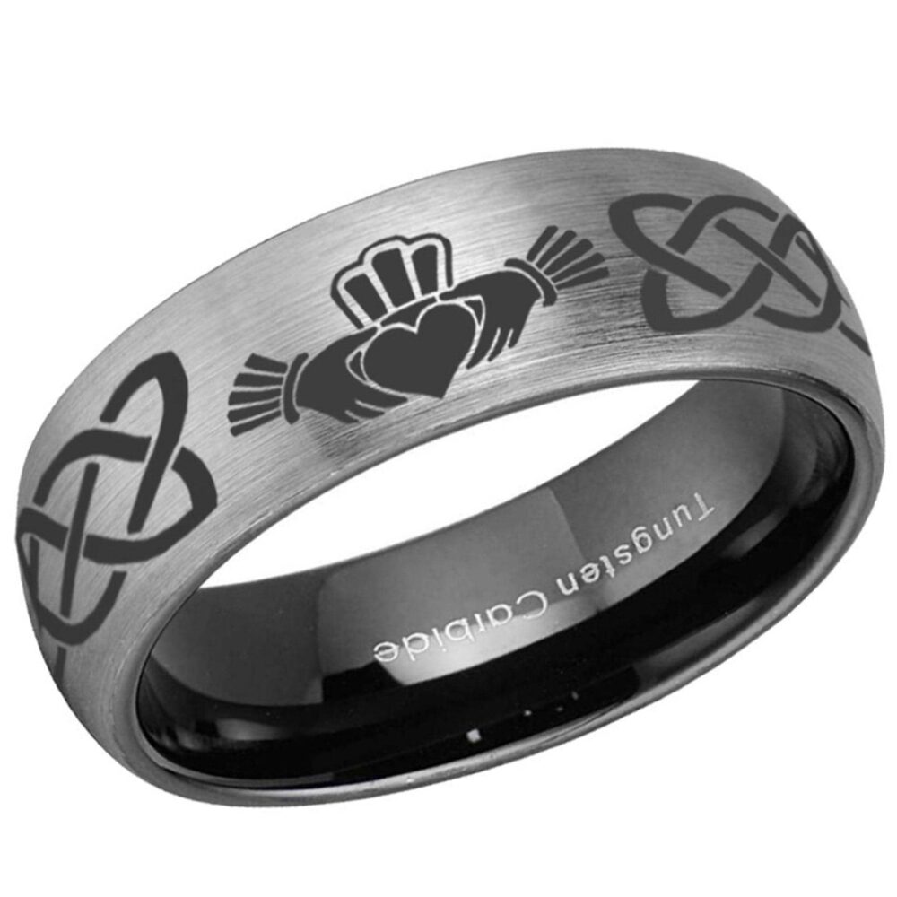 Celtic Claddagh Tungsten Wedding Band, Engraved Promise Ring