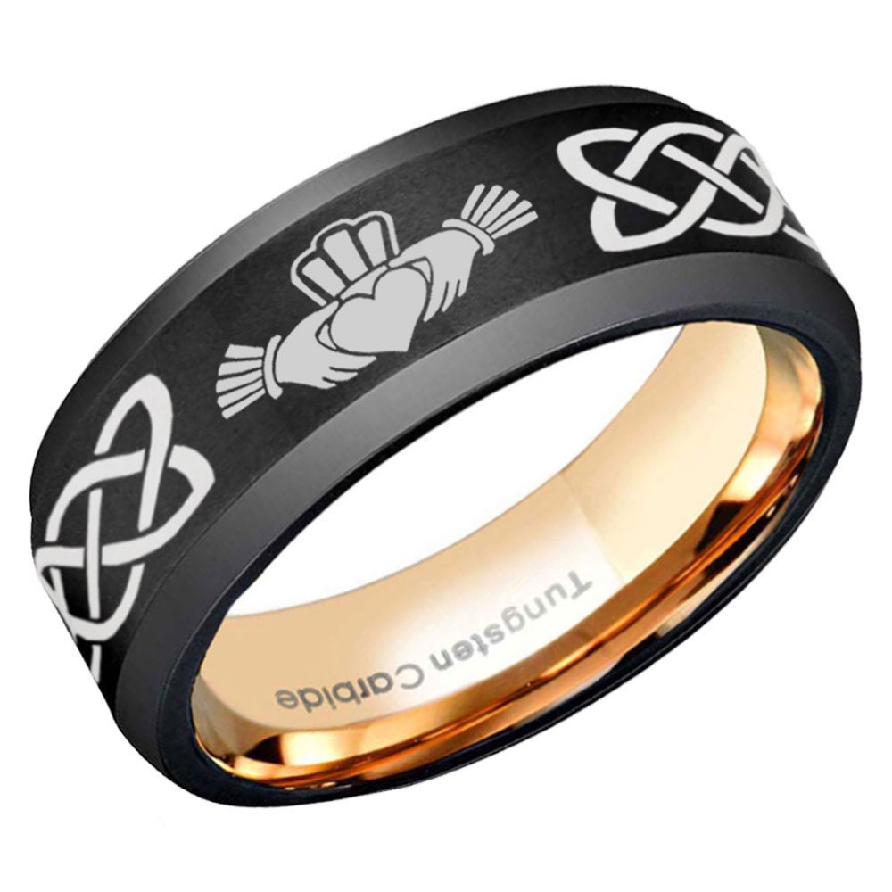 Black Tungsten Claddagh Wedding Band, Celtic Knot, Rose Gold Inlay